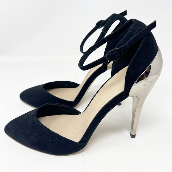 ASOS BLACK FAUX SUEDE SILVER METAL SOOKE ANKLE STRAP HEELS WOMENS UK6/US8 - Picture 6 of 7